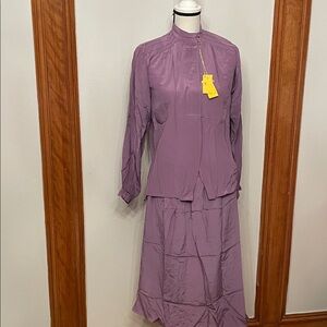 Vintage 100% Silk Chic Purple Button Down Shirt/Skirt Set